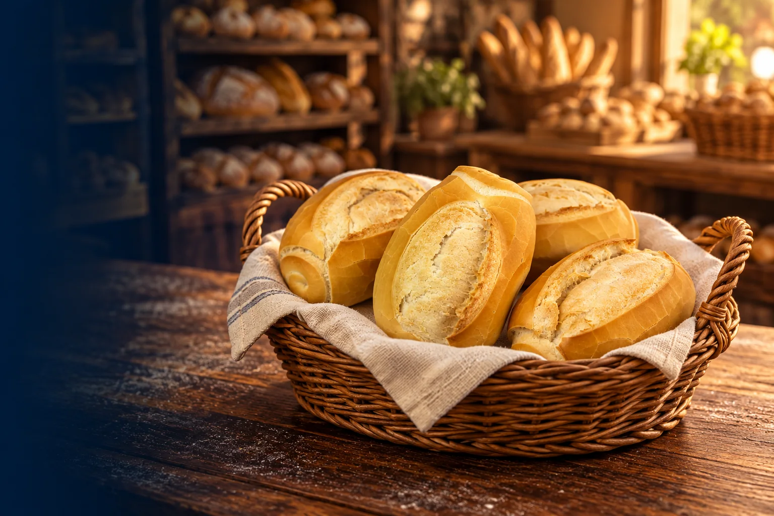 Pães franceses dourados em um cesto, com uma padaria ao fundo